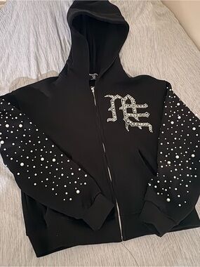 Mixed Emotions Black Zip-Up Hoodie with Pearl & Rhinestone Embellishments
